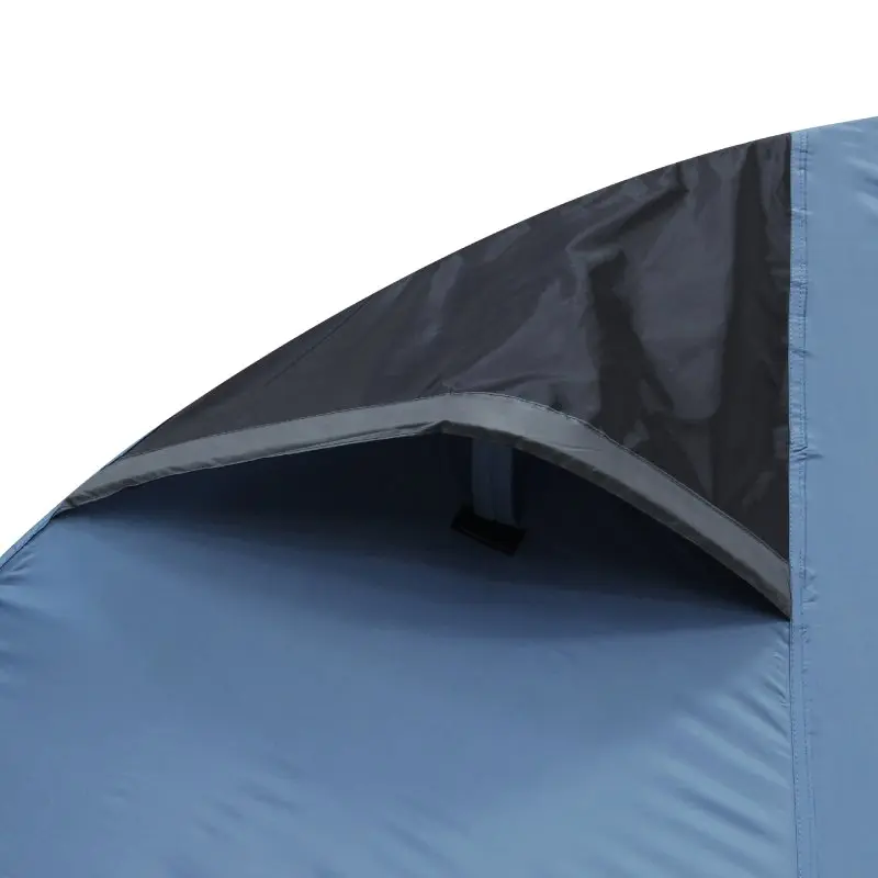 Détail du your GEAR Zelt ORA : ouverture de ventilation du toit du tente de trekking bleu, tissu imperméable, protection UV 50+, coutures renforcées, idéale pour 2 personnes, camping et randonnée.