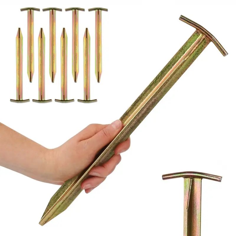 Set of 8 your GEAR steel tent pegs, T-profile, robust earth nails 300 mm long, shown with metallic finish. One peg held in hand, highlighting size and sturdy construction for secure tent anchoring.