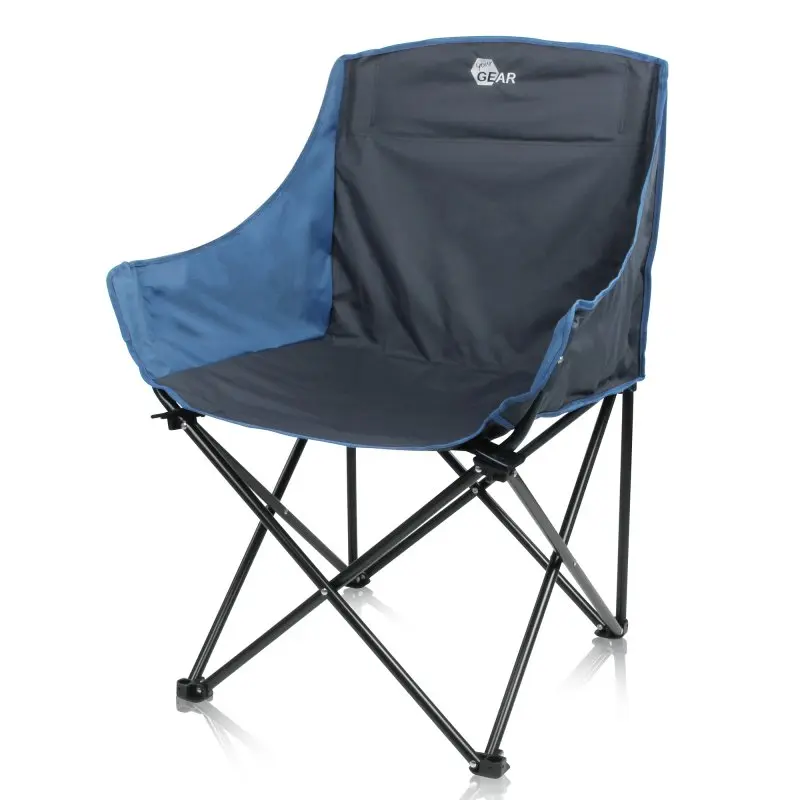 Sedia pieghevole XXL yourGEAR Bari per campeggio, struttura in metallo nero, tessuto blu e grigio, schienale alto, braccioli larghi con portabicchieri integrato, ideale per outdoor, portata fino a 140 kg.