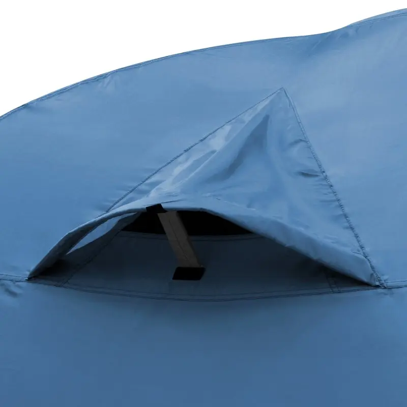 Close-up of the your GEAR Tivano 3-person dome tent in blue-grey, showing the waterproof ventilation window with rain cover for optimal airflow and weather protection.