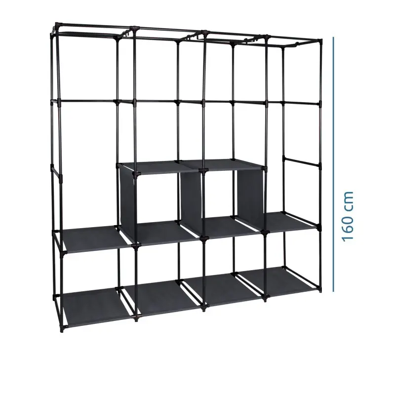 yourGEAR Kleiderschrank Grado, offener Stoffschrank mit schwarzem Metallgestell, 10 Ablagen und 4 Kleiderstangen, Maße 167x45x175 cm, modernes Design in Schwarz-Grau, viel Stauraum für Kleidung und Accessoires.