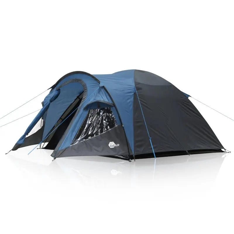 Tente dôme yourGEAR Matera 3 personnes bleu/gris, avec auvent, fenêtres transparentes, ventilation, entrée spacieuse et moustiquaire. Toile imperméable 3000 mm, idéale pour le camping.