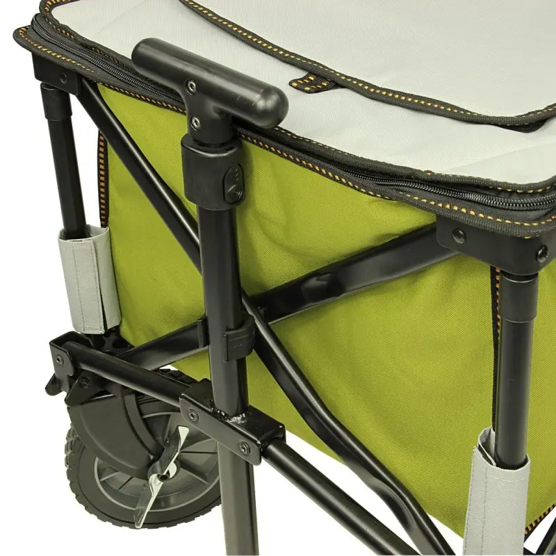 Carro plegable 10T Cooler Trolley con estructura negra, bolsa térmica verde y tapa gris con cremallera, ruedas robustas y asas laterales, ideal para playa o picnic.