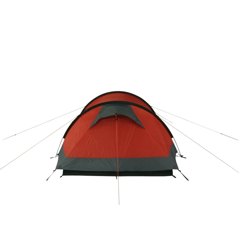 Tente trekking 10T Silicone Valley 3 personnes, imperméable 5000mm, rouge et gris, forme dôme, haubans visibles, idéale pour camping et randonnées, vue de face sur fond blanc.