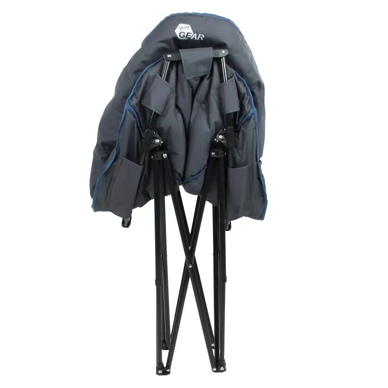 yourGEAR Campingstuhl Ortona XXL Moon Chair, zusammengefaltet; gepolsterter, runder Klappsessel in Grau mit robustem, schwarzem Metallgestell und Seitentaschen, ideal für Outdoor, belastbar bis 130 kg, Durchmesser 100 cm.
