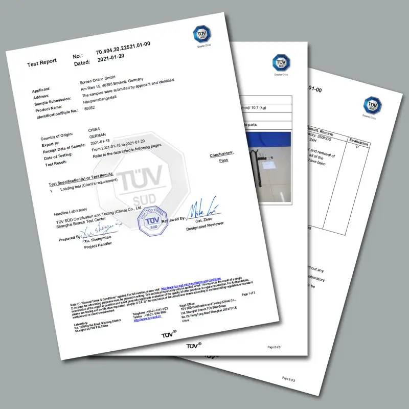 Certificado TÜV para el yourGEAR Hängemattengestell, mostrando la aprobación de carga máxima de 350 kg, documentos oficiales con sello y firma sobre fondo gris, destacando seguridad y calidad del producto.