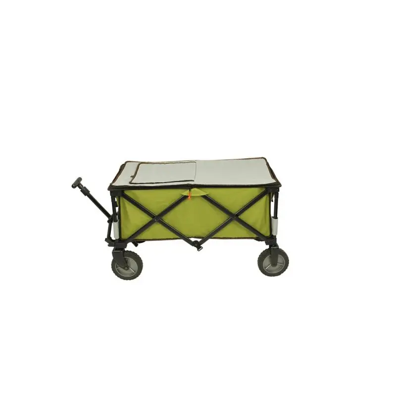 Carro plegable 10T Cooler Trolley con estructura negra, bolsa isotérmica verde y tapa gris, cuatro ruedas robustas y asa extensible, ideal para playa, picnic y transporte de alimentos o bebidas.