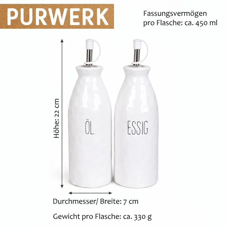 PURWERK Essig und Öl Set Weiß Keramik mit Ausgießer – Hammerschlag-Design