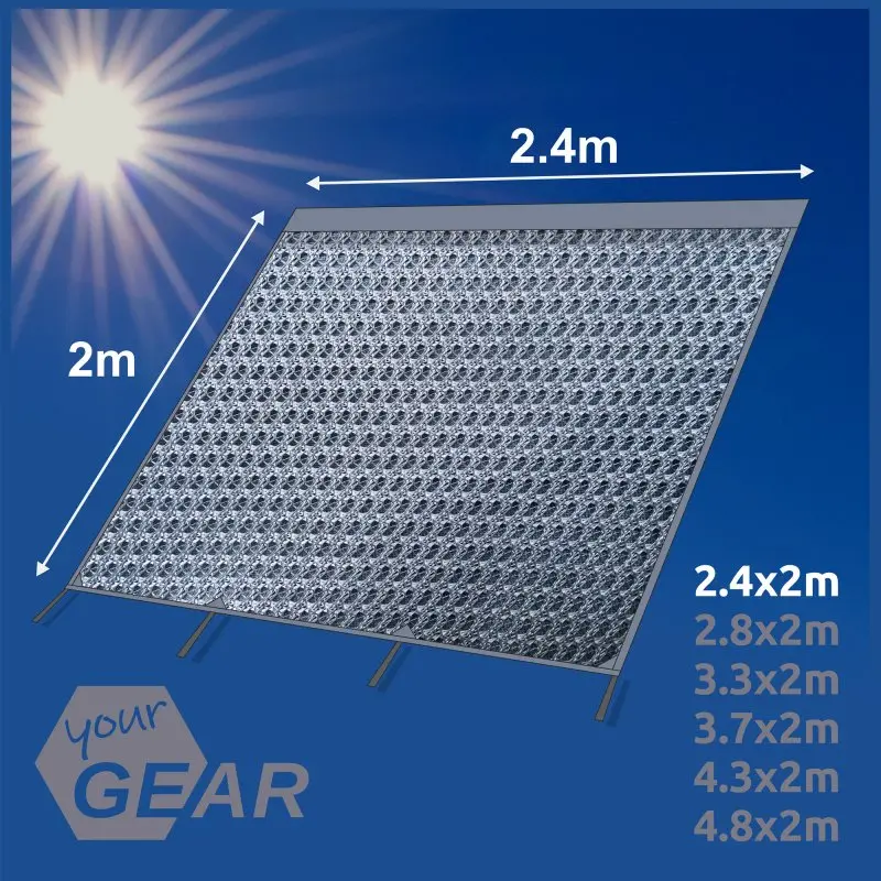 Paroi avant your GEAR Capri Sun Blocker 2,4 x 2 m pour auvent de camping-car, tissu spécial anti-soleil, protection solaire et intimité, illustration des dimensions 2,4 m x 2 m sur fond bleu avec soleil.