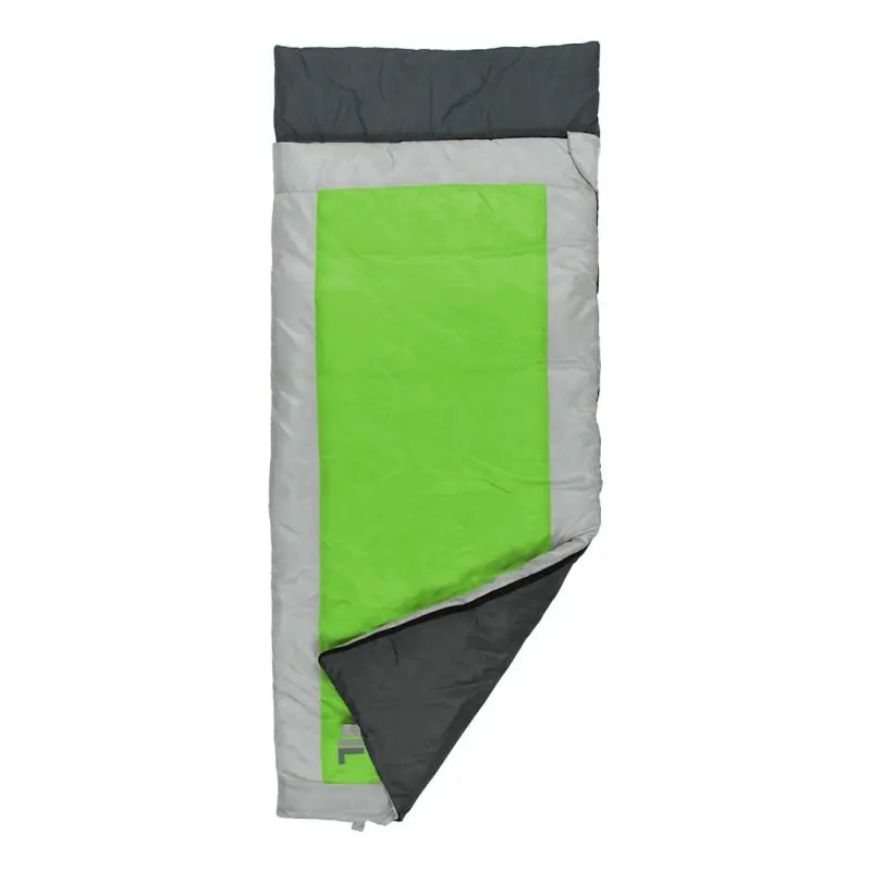 Sacco a pelo rettangolare verde e grigio, con angolo inferiore aperto che mostra l'interno scuro.