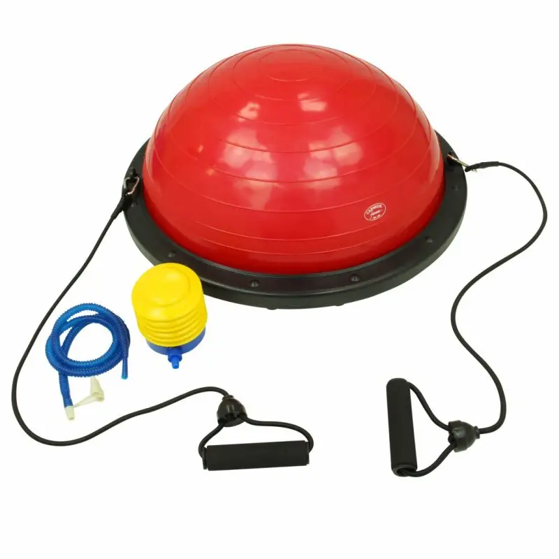 Red Carnegie Balance Ball balance trainer with black base, two attached resistance bands with handles, and a yellow foot pump with blue hose, ideal for fitness and stability exercises.