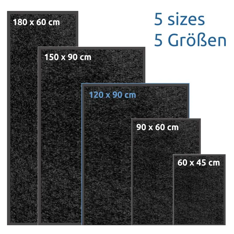 Schmutzfangmatte yourGEAR in fünf Größen (180x60, 150x90, 120x90, 90x60, 60x45 cm), dichter schwarzer Velours-Floor, rutschfest, für innen und außen, waschbar, Anti-Slip, geeignet für Fußbodenheizung.
