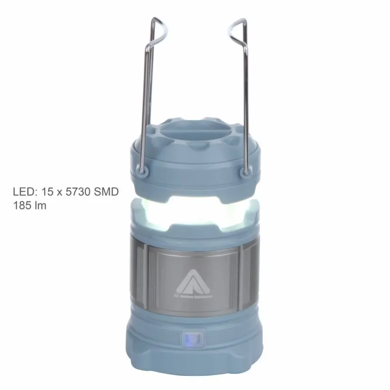 Blue 10T CPL 185 camping lantern with 15 LEDs, 185 lumens brightness, 4800mAh power bank, two metal handles, and a cylindrical design. Suitable for outdoor use, waterproof, and portable.