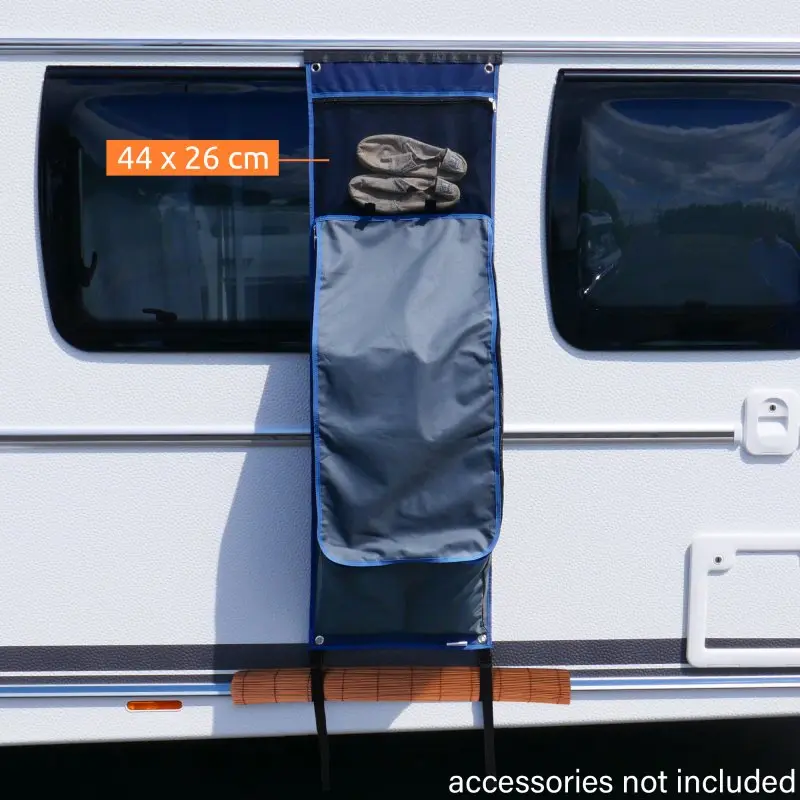 Hängender your GEAR Caravan Organizer Shoe, 140 x 45 cm, an einem Wohnwagen befestigt, mit 10 Fächern und Reißverschluss-Abdeckung, oben Mesh-Tasche, ideal zur Aufbewahrung von Schuhen und Campingzubehör.