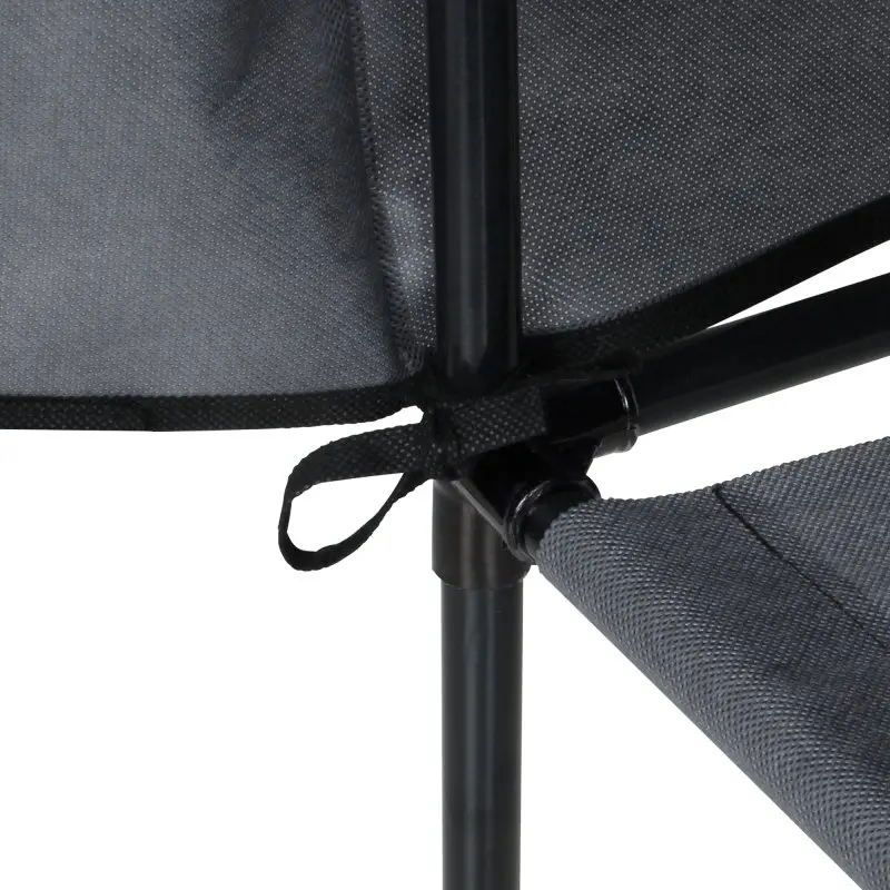 Close-up of the yourGEAR Grado fabric wardrobe frame showing the sturdy black metal poles, grey fabric shelf, and fabric tie for secure assembly, highlighting the stable and practical construction.