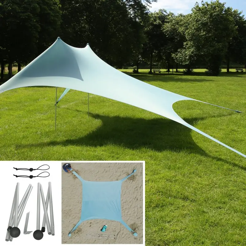 your GEAR Cameo XXL beach shelter 3x3m shown set up on grass, featuring light blue elastic Lycra fabric, UV 50+ sun protection, metal poles, and accessories; suitable for beach or outdoor use.