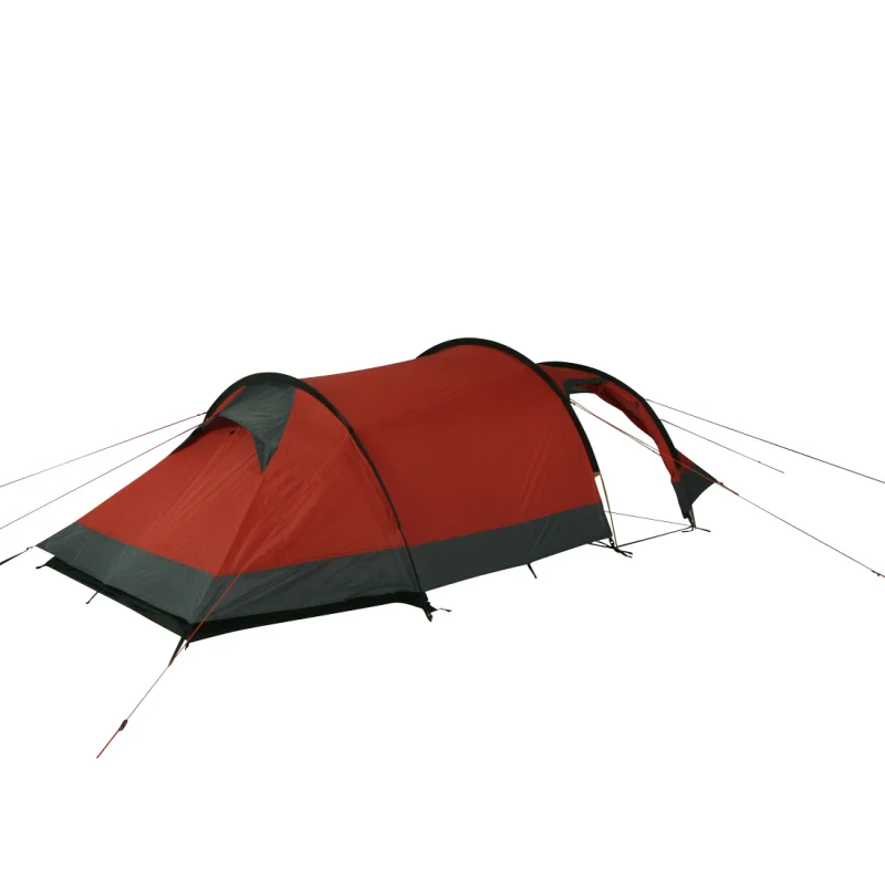 Tente trekking 10T Silicone Valley pour 3 personnes, imperméable 5000mm, forme tunnel, couleur rouge et gris, avec cordes de fixation, idéale pour camping et randonnées.