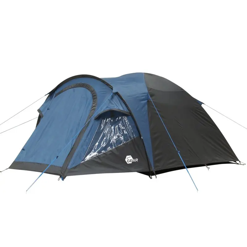 Blau-graues your GEAR Kuppelzelt Matera 3 für 3 Personen mit Vorbau, Fenster, Belüftung und abgedunkelter Schlafkabine, wasserdicht bis 3000 mm, sichtbares Logo und Abspannung.