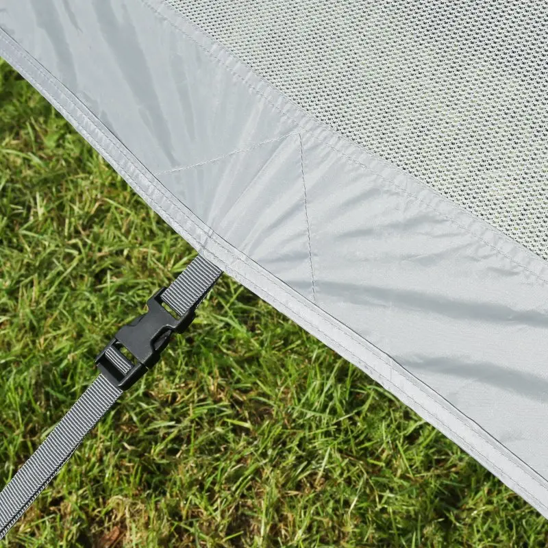 Set de pared lateral your GEAR Capri para toldo, tejido gris transpirable con malla, correa ajustable y hebilla de fijación, ideal para protección solar y contra el viento en caravanas y autocaravanas.