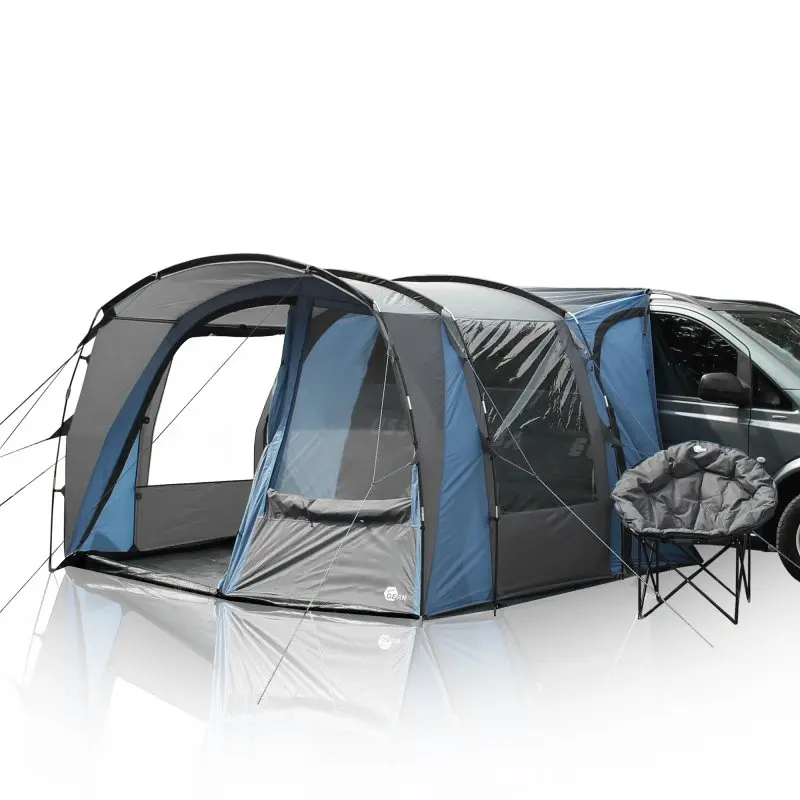 Auvent de bus your GEAR Rimini 300, autoportant, gris et bleu, avec grandes fenêtres panoramiques, sol inclus, monté sur un van, adapté pour hauteur 180-230 cm, protection UV 50+.