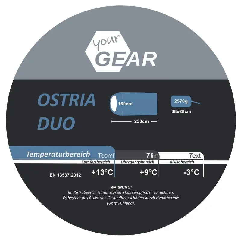 Sac de couchage double yourGEAR Ostria Duo bleu gris, 230x160 cm, poids 2570 g, température jusqu’à -3°C, dimensions compactes 38x28 cm, adapté pour 2 personnes, indiqué pour l’été et mi-saison.