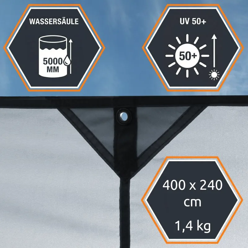 Lona para toldo your GEAR Cavoli 400×240 cm en gris claro con ojales reforzados, costuras negras y etiquetas que indican 5000 mm impermeable, protección UV 50+ y peso 1,4 kg; paquete solo lona, sin varillas.