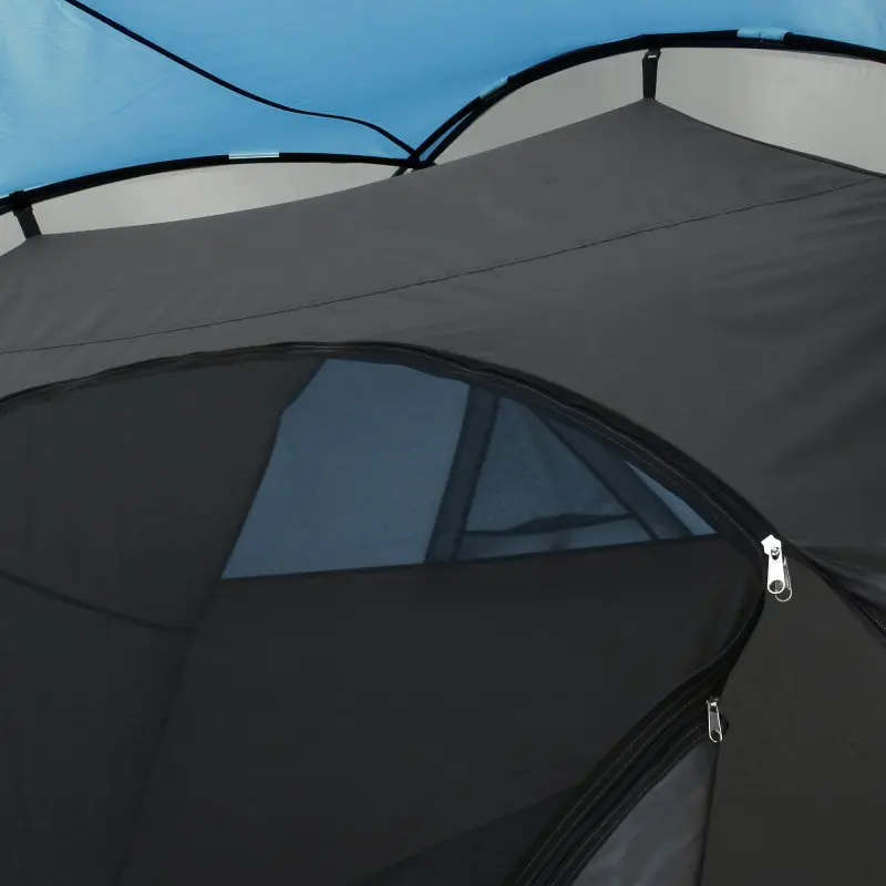 Close-up of the your GEAR Tivano 3-person dome tent showing a large zippered mesh window for ventilation, durable blue and grey waterproof fabric, and sturdy poles for stability. Ideal for camping and festivals.