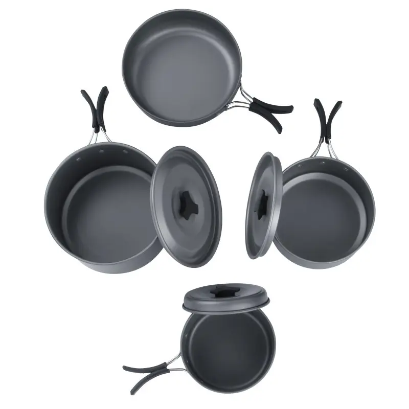 Set de cuisine camping your GEAR Ranger V pour 4-5 personnes, composé de 3 casseroles avec couvercle et 1 grande poêle, poignées pliables, couleur gris, idéal pour l’extérieur et les activités en plein air.