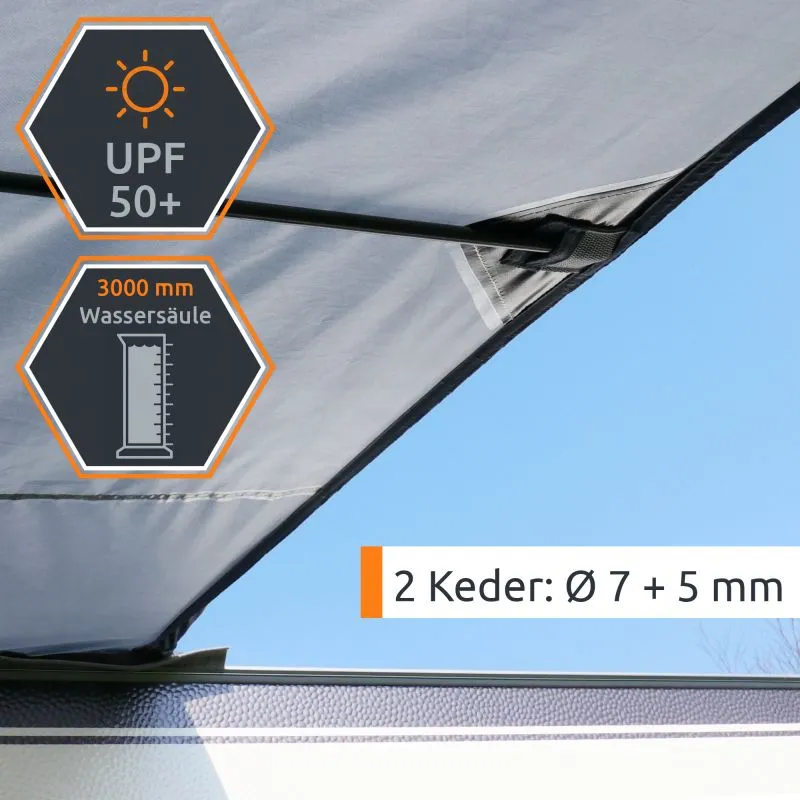 Toldo/vedadón your GEAR Riviera gris para caravana, vista del apoyo con varilla, costuras y doble keder (Ø7+5 mm), tejido gris UV 50+ y resistencia 3000 mm columna de agua, instalado sobre carril de toldo.