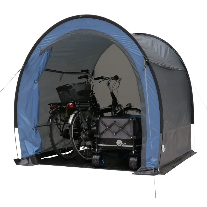 Tente tunnel your GEAR Vento 200x180x180 cm, couleur bleu-gris, utilisée comme abri à vélos avec sol, protection UV 50+, imperméable 5000mm, montrée avec vélos et chariot à l’intérieur.