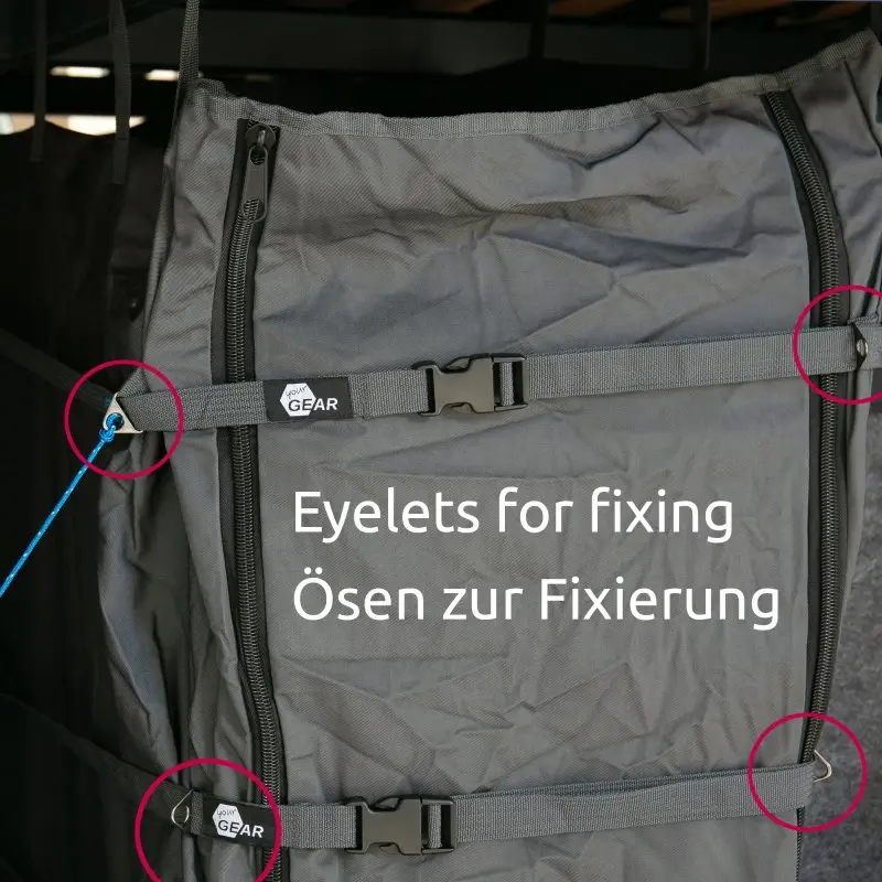 Borsa portaoggetti your GEAR Bozen per camper, in tessuto grigio, con cinghie regolabili, fibbie, occhielli per il fissaggio e doppia zip, ideale per organizzare mobili da campeggio nel vano posteriore.