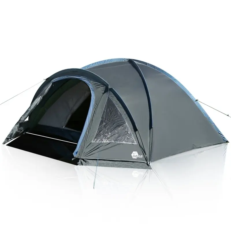 Tente dôme your GEAR Monza pour 4 personnes, double toit, auvent avec sol intégré, deux fenêtres transparentes, tissu gris, montage rapide, protection UV50+, imperméabilité 3000 mm, adaptée au camping.