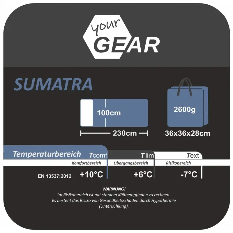 yourGEAR XXL sleeping bag Sumatra, blue-grey, 230x100 cm, weight 2600g, pack size 36x36x28 cm, suitable for 3-4 seasons, temperature range +10°C to -7°C, illustrated with product dimensions and specs.