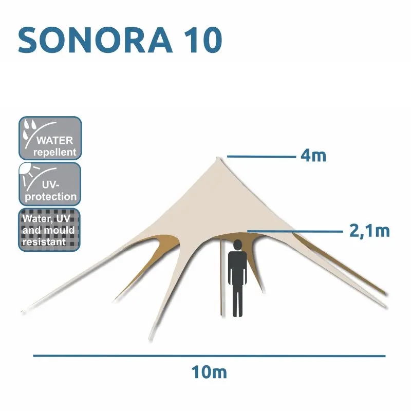 Tente étoile your GEAR Sonora 10, diamètre 10 m, hauteur 4 m, tissu beige résistant à l’eau, UV et moisissures, structure pyramidale avec 6 points d’ancrage, idéale pour ombre et protection extérieure.
