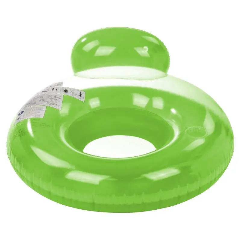 Green Jilong Pool Lounge chair, inflatable with circular design, high backrest, integrated drink holder, and mesh seat. Ideal for pool or beach, measures 118 cm in diameter, made of durable vinyl for one person.
