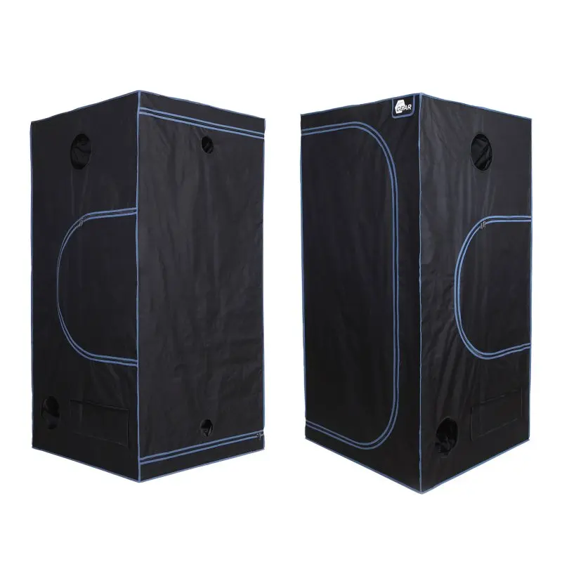 Growzelt yourGEAR Plantsville 100x100x200 cm, schwarzes Indoor Zuchtzelt mit blauen Nähten, mehreren Öffnungen für Belüftung und Zubehör, ideal für Pflanzenanzucht und Gewächshaus-Nutzung in Innenräumen.