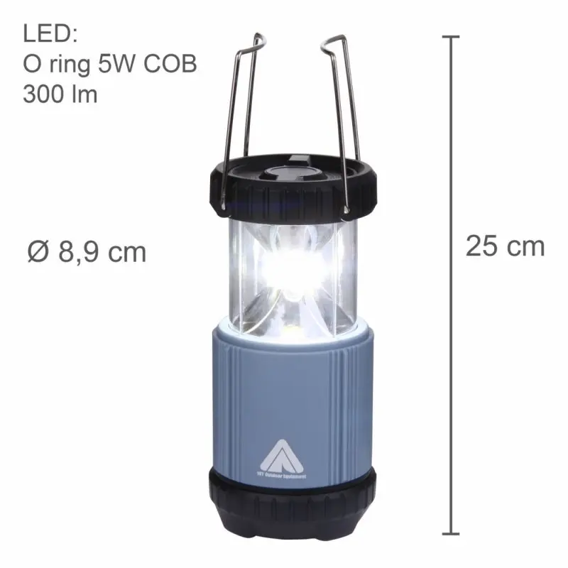 Blue 10T COL 300 camping lantern with 300 lumen COB LED, cylindrical shape, metal carrying handles, black top and base, 25 cm tall, 8.9 cm diameter, outdoor water-resistant design.