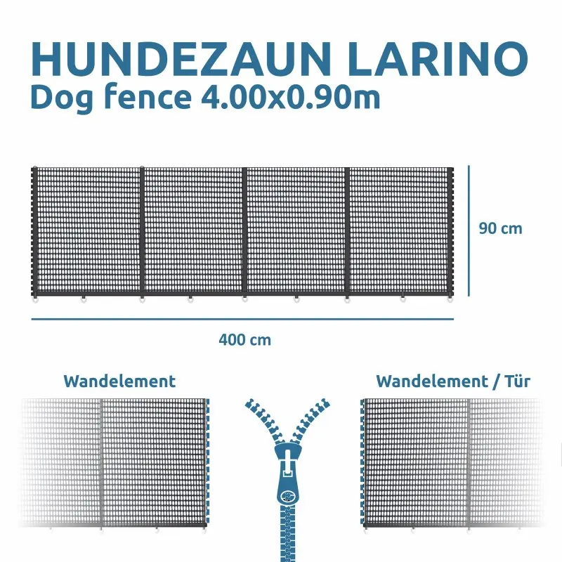 Mobile dog fence your GEAR Larino, 400x90 cm, black mesh panels with zipper connectors, modular design with wall and door elements, suitable for camping and gardens, extendable and customizable.