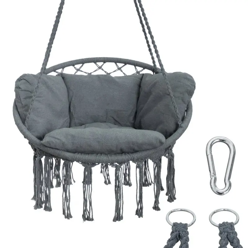 Fauteuil suspendu yourGEAR Boracay gris avec coussins épais, structure ronde en corde tressée, franges décoratives, mousqueton et anneaux métalliques pour suspension, capacité 240 kg, style relax moderne.