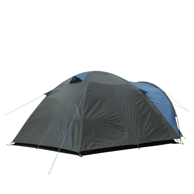 Blau-graues your GEAR Kuppelzelt Matera 3 für 3 Personen mit Vorbau, Fenstern und Belüftung; wasserdicht, robuste Abspannleinen sichtbar, geeignet für Camping und Festivals.