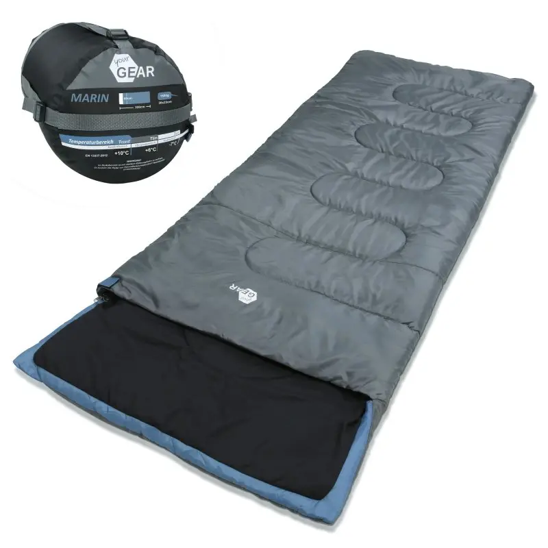 Sac de couchage your GEAR Marin 220x80 cm, bleu et gris, forme rectangulaire avec capuche, adapté 3-4 saisons, doublure chaude, extérieur résistant à l’eau, inclut un sac de transport compact.