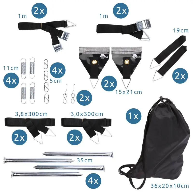 your GEAR Storm Set Markise: Komplettes Markisen-Sturmsicherungsset mit Spanngurten, Heringen, Federn, Spannern, Abspannlaschen und Transporttasche, ideal für Caravan und Camping, Maße und Menge einzeln abgebildet.