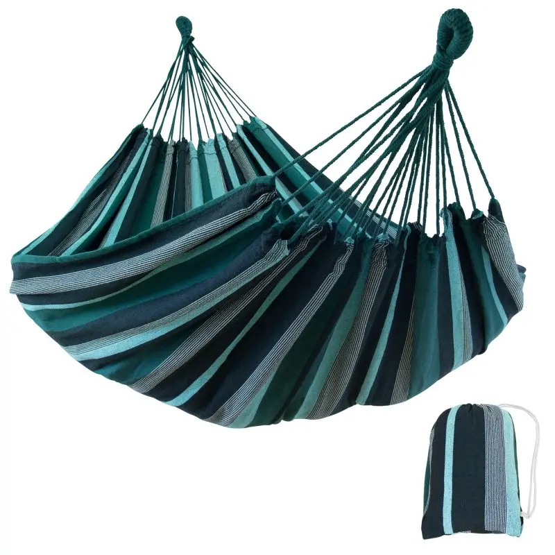 Hamac yourGEAR Cebu Smaragd XXL 220x160 cm en coton, rayé vert et bleu, capacité 300 kg, avec cordes robustes et sac de transport assorti, idéal pour intérieur et extérieur.
