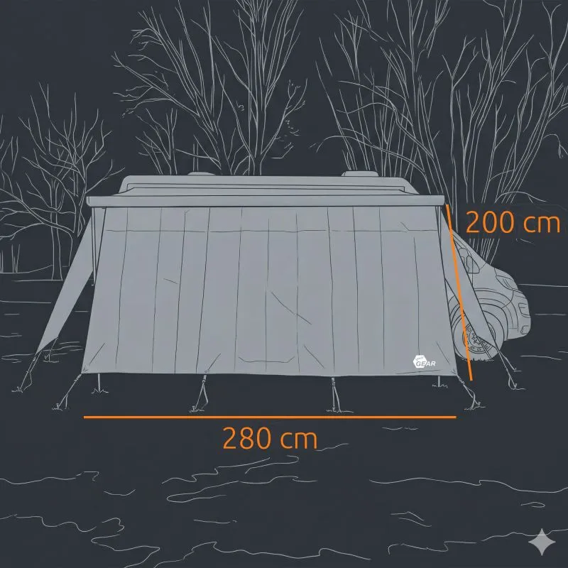 Tente murale your GEAR Korsika 2.8 grise fixée à une auvent de camping-car, panneau avant 280×200 cm avec deux parois latérales, sangles et piquets visibles, protection contre intempéries pour store à débattement 250 cm.