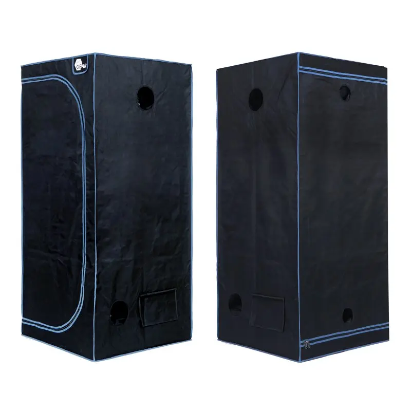 Growzelt yourGEAR Plantsville, rechteckig, schwarz mit blauen Nähten, Maße 80x80x180 cm, mit Belüftungsöffnungen und Sichtfenster, ideal als Indoor Zuchtzelt oder Gewächshaus für Pflanzenanzucht.