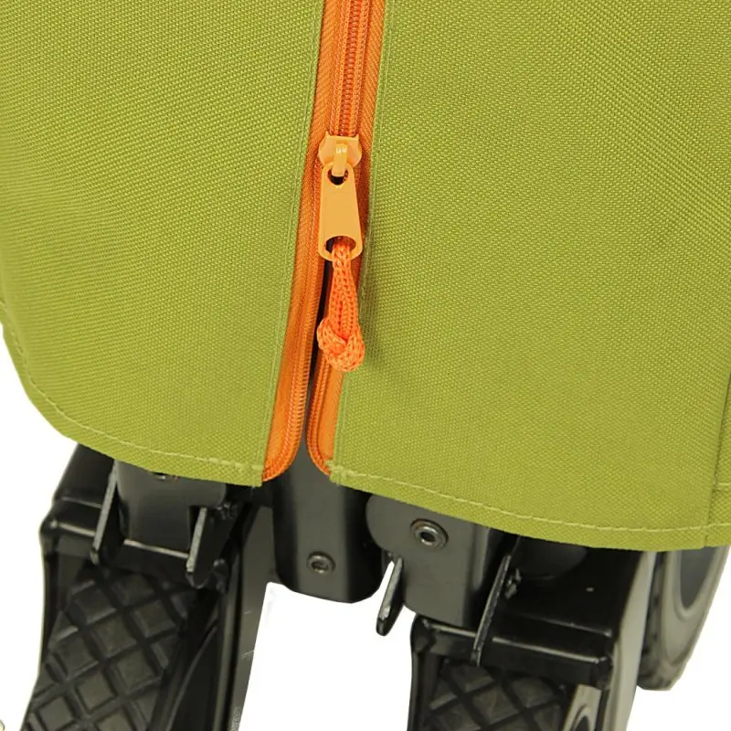 Primer plano del 10T Cooler Trolley Bollerwagen: tejido verde resistente, cremallera naranja visible y ruedas plegables negras; detalle del compartimento con función de nevera integrada para playa o picnic.