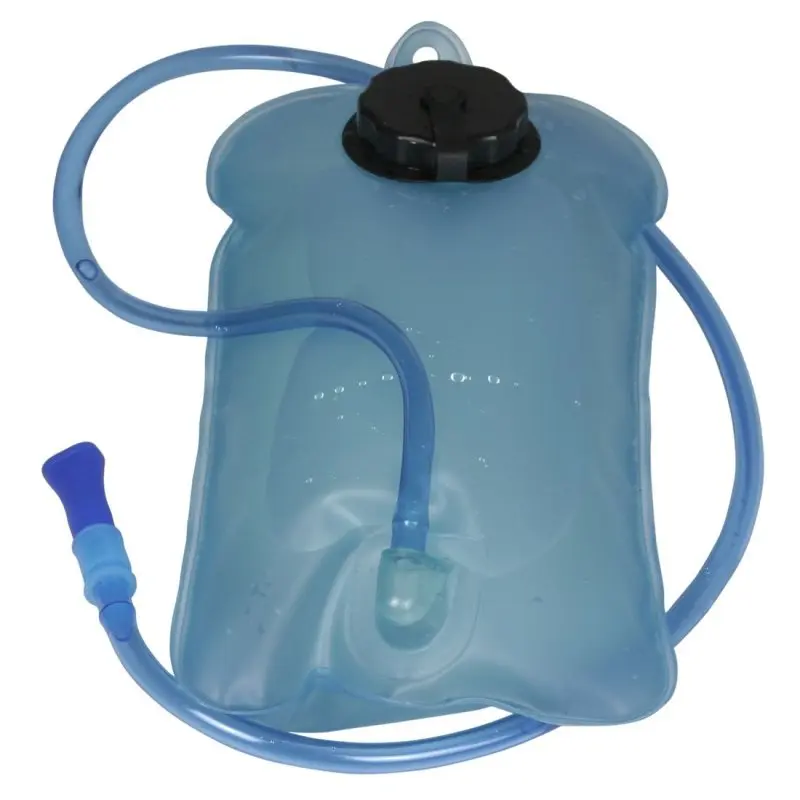 10T WB 1.5L hydration bladder in translucent blue with screw cap, flexible drinking tube, and bite valve, designed for backpacks and outdoor activities like trekking and hiking.