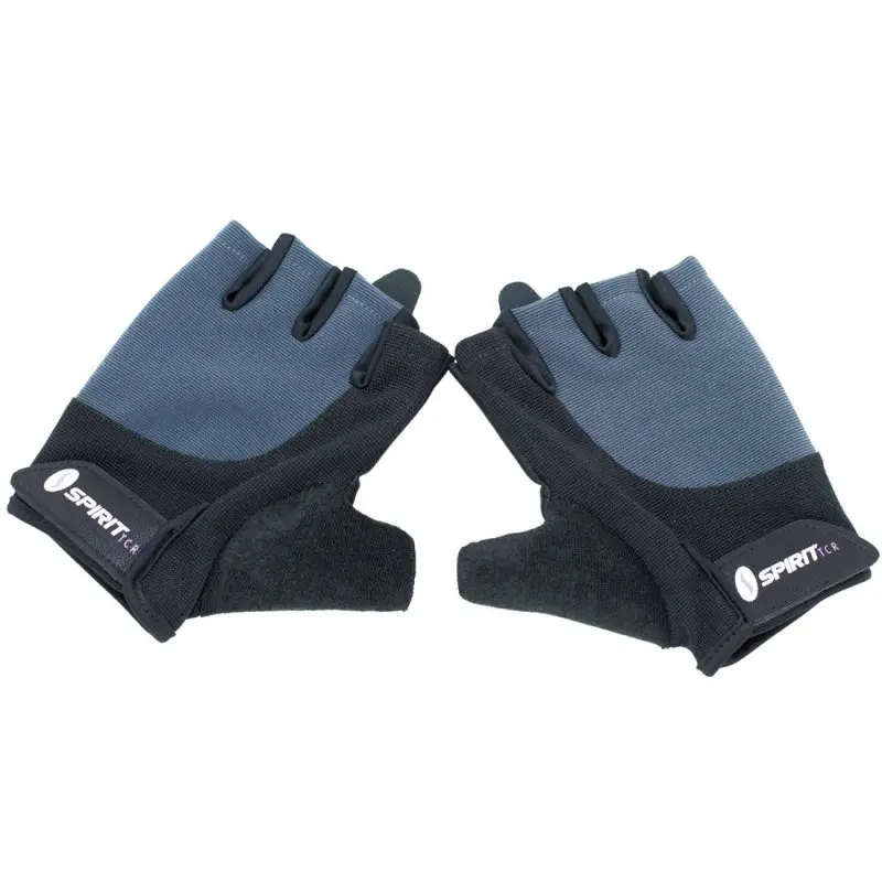 Spirit Workout Glove S fitness gloves in black and grey, fingerless design, padded palms for grip and comfort, adjustable wrist strap with Spirit TCR logo, suitable for bodybuilding and weight training.