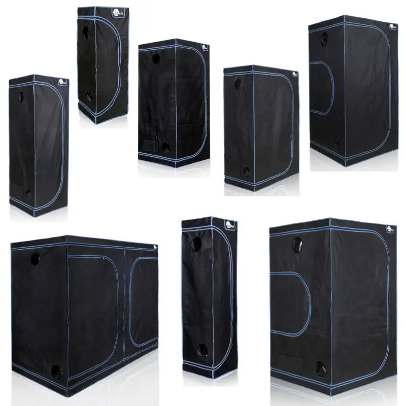 Growzelt yourGEAR Plantsville 60x60x180 cm, schwarzes Indoor Zuchtzelt mit blauen Nähten, mehreren Lüftungsöffnungen und Sichtfenster, geeignet für Pflanzenanzucht und Indoor-Gewächshaus, verschiedene Ansichten.