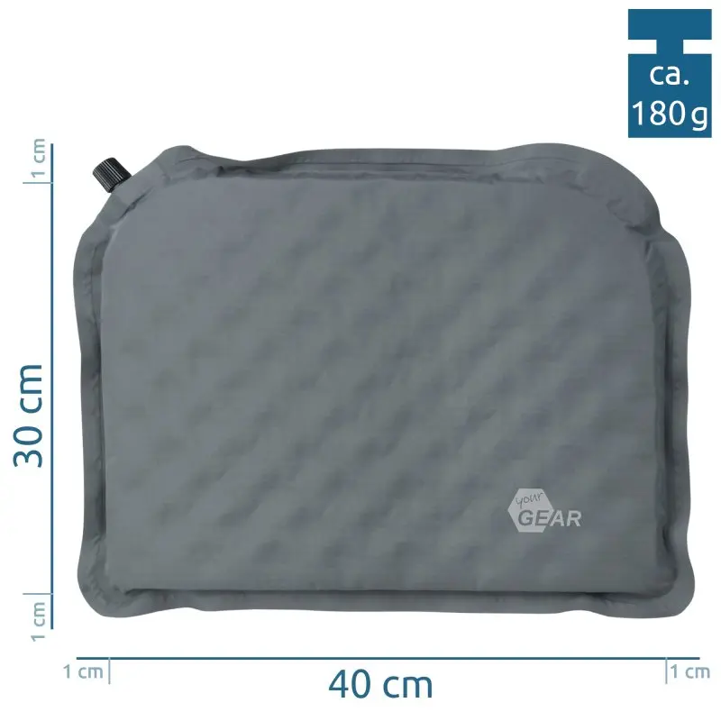 Cojín térmico yourGEAR autoinflable de 40x30x3,5 cm en gris, con núcleo de espuma, ideal para camping y viajes; peso aprox. 180 g, visible la válvula y dimensiones en la imagen.